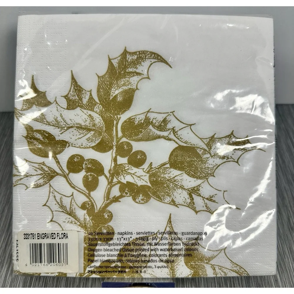 Christmas PPD Napkins Holiday Gold Holly Decoupage Xmas Decor